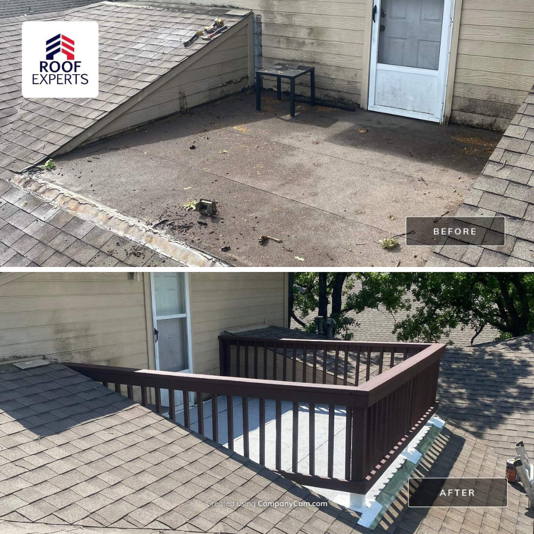 Roofing Experts inspecting a residential roof in Denton, TX, demonstrating their full-service roofing solutions.