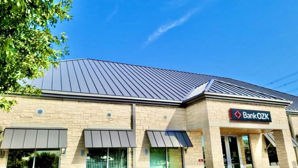 New metal roof on Bank OZK by Roof Experts roofer in Allen TX