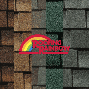 Satirical roofing rainbow on colorful shingle samples.