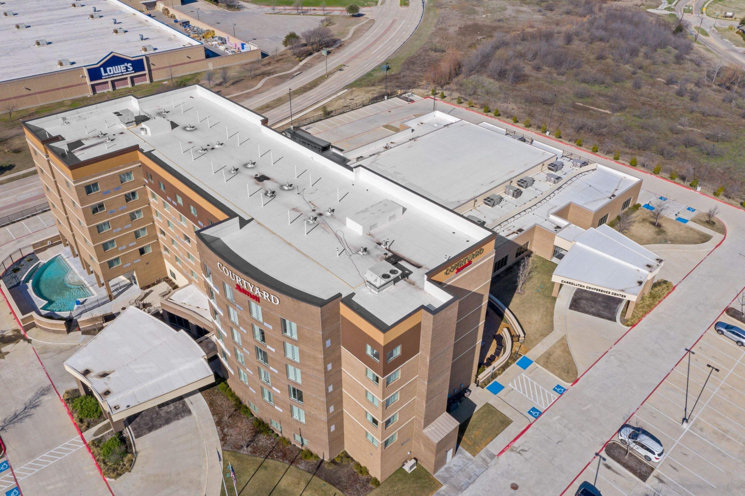 TPO roof atop local hotel Dallas TX. Installed by Roof Experts