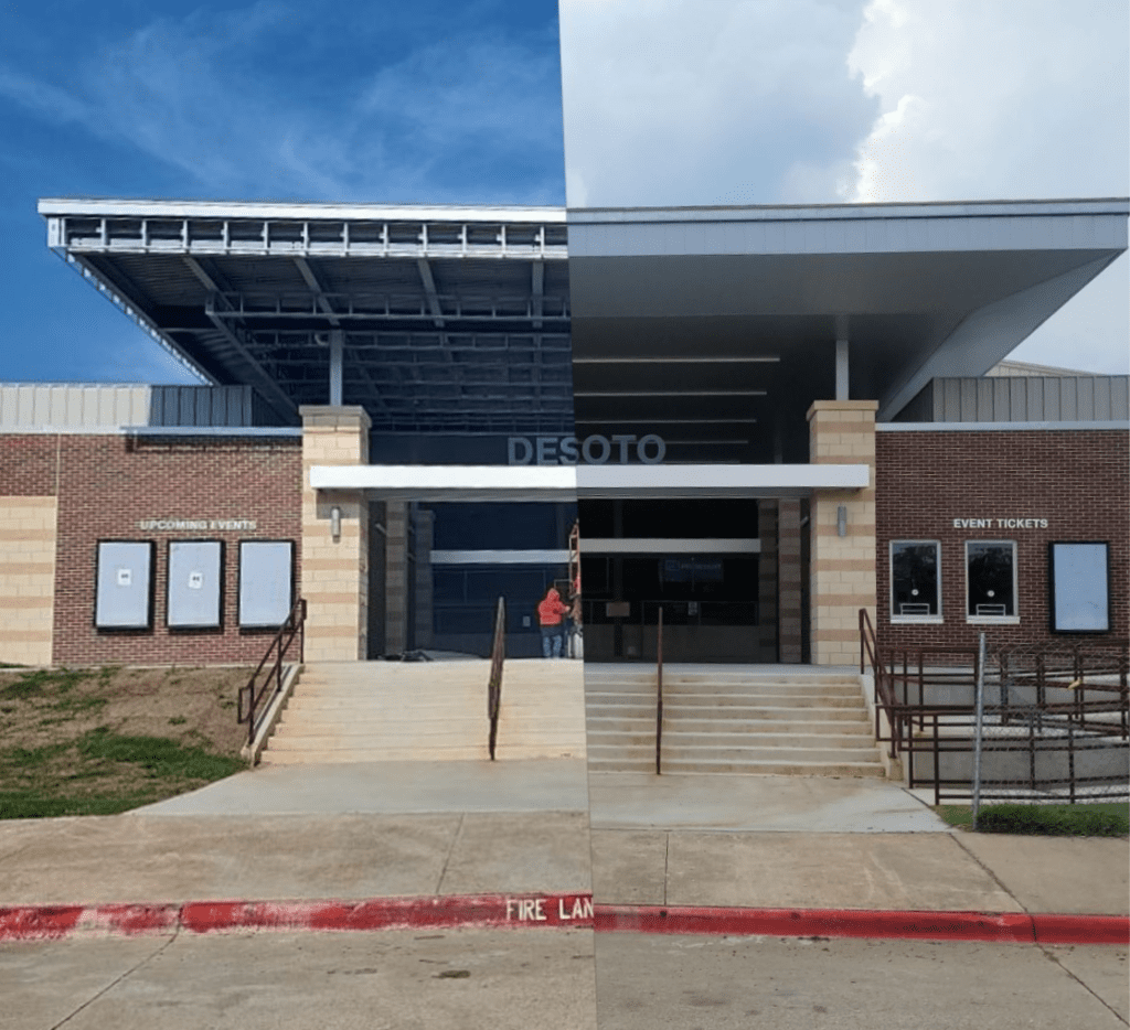 Before and after of DeSoto BMX Park roofing by Roof Experts USA