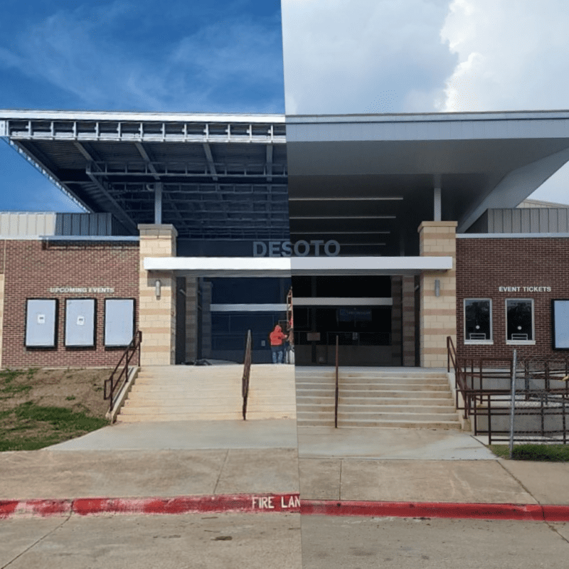 Before and after of DeSoto BMX Park roofing by Roof Experts USA