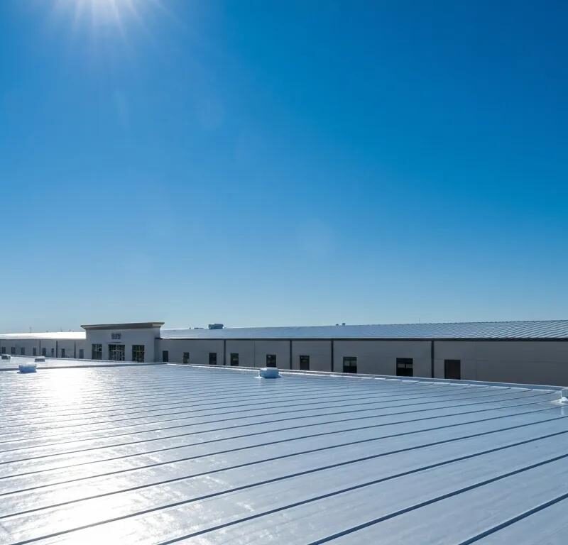 Commercial building featuring a reflective TPO roofing system under a clear blue sky