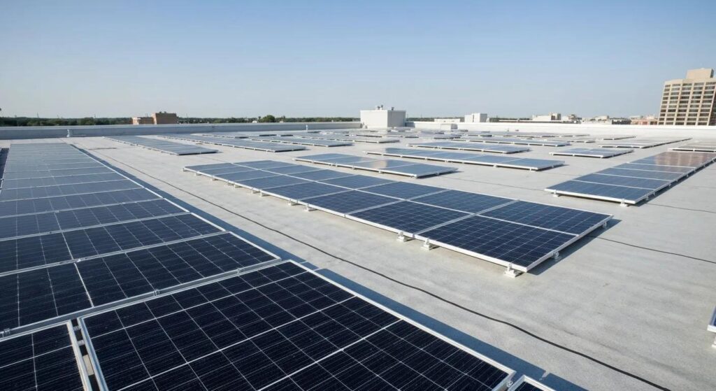 Modern TPO roof replacement with solar panels