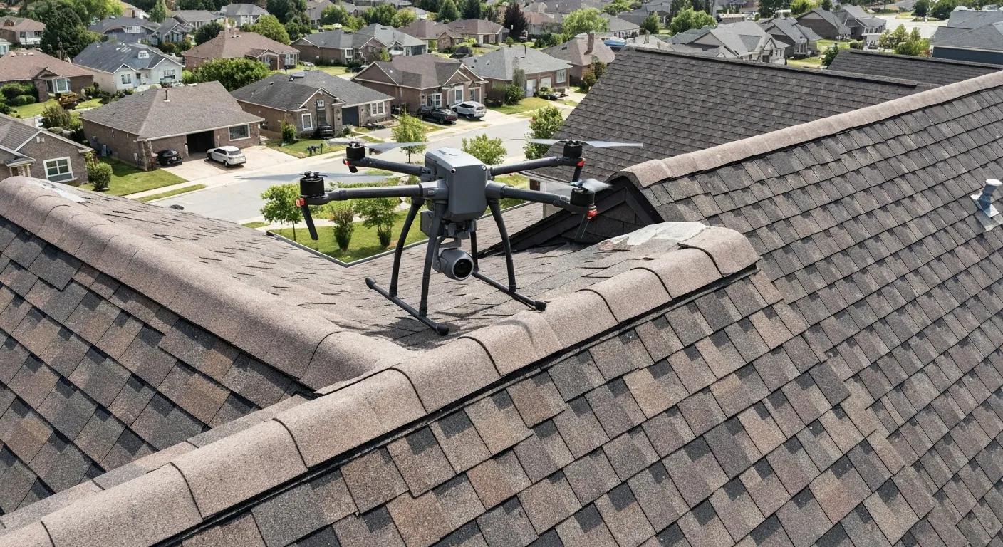 Drone conducting a roof inspection, highlighting safety benefits over traditional methods