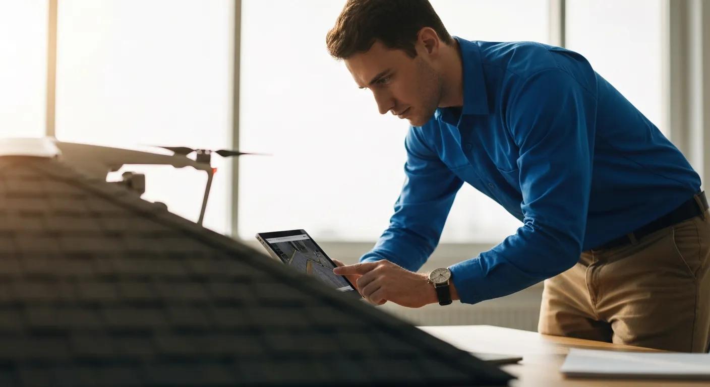 Technician using a tablet to analyze drone-captured roof inspection data