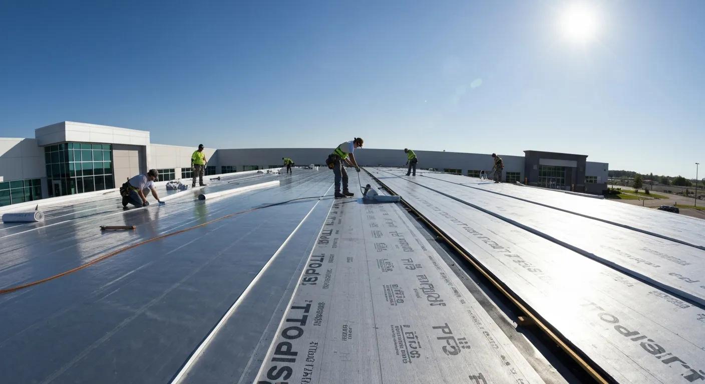 Roofers installing a white TPO roofing system on a commercial building, showcasing the installation process