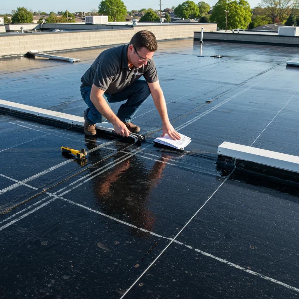 Property owner inspecting roof for replacement assessment