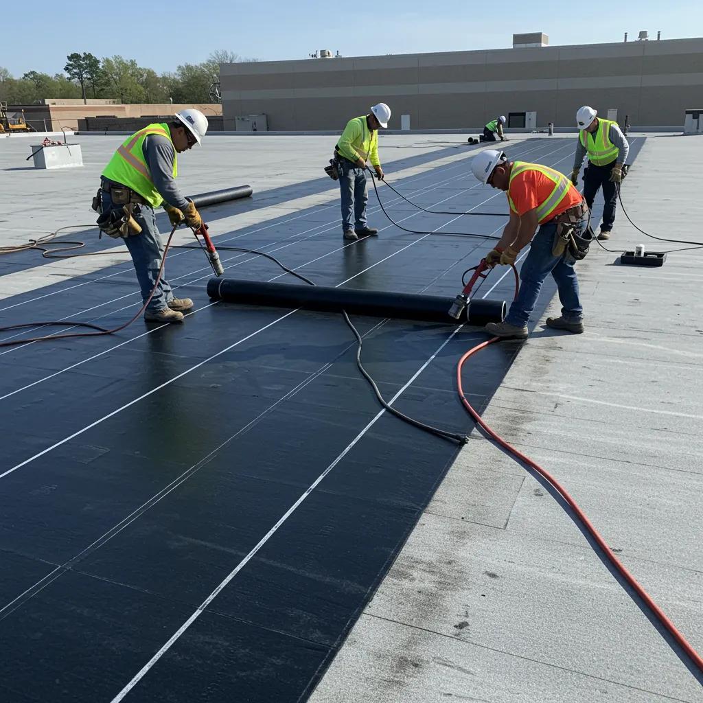 Roof Experts | Commercial Roofing Dallas TX Roofing crew installing TPO membrane on commercial building