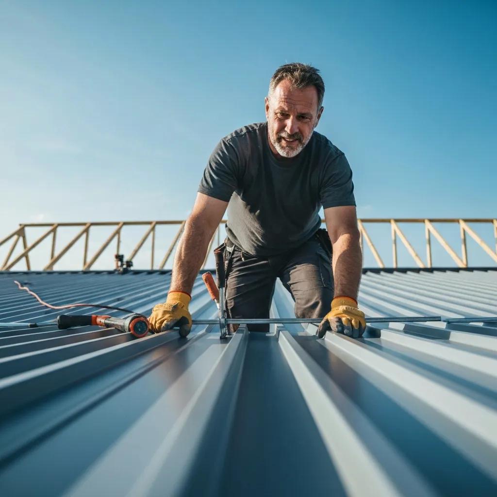 Professional roofer installing residential steel roofing panels