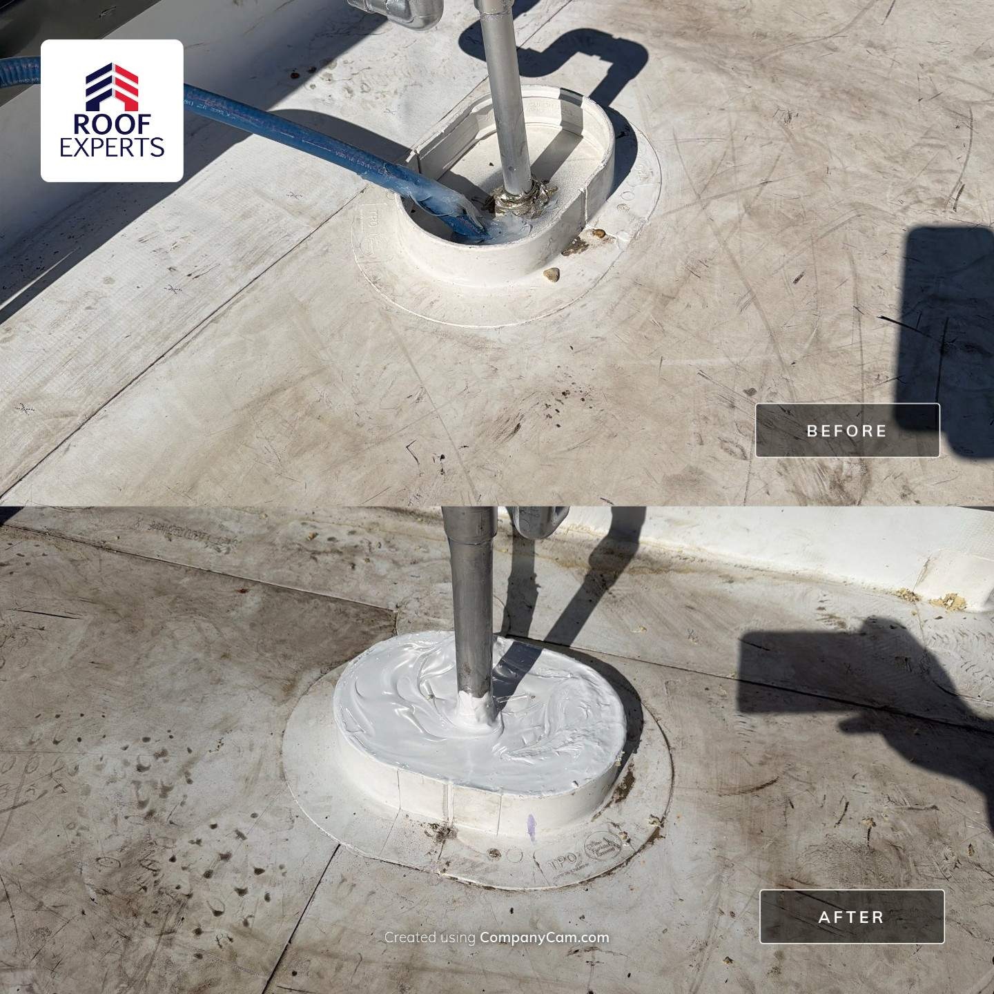 HVAC pipe penetration flashing before and after — TPO roof repair by Roof Experts in North Texas