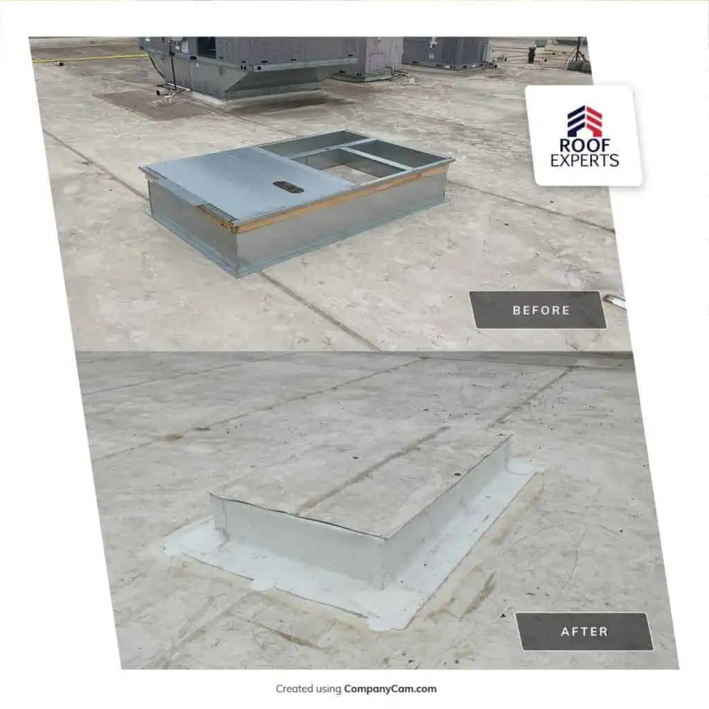 HVAC roof flashing contractor before and after — curb flashing installation by Roof Experts