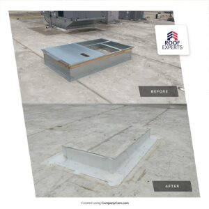 HVAC roof flashing contractor before and after — curb flashing installation by Roof Experts in North Texas
